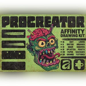 May include: A rectangular graphic print titled PROCREATOR AFFINITY DRAWING KIT on a light green background. It features a green zombie head with a pink brain, pencils and pens as teeth, and a list of 16 grit liners, 6 sketch brushes, 10 grain shaders, 10 splatter assets, 20 paper canvases, and 20 grunge textures.