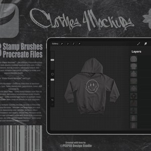 Könnte beinhalten: Eine digitale Illustration eines grauen Hoodies mit einem weißen Smiley-Gesichtsdesign. Das Bild ist ein Mockup für einen Procreate-Stempelpinsel-Satz. Der Text "48 Stamp Brushes Procreate Files" ist im Bild sichtbar.