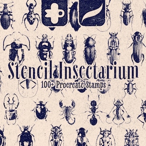 May include: A beige background features a collection of dark blue insect illustrations. The text "Stencil Insectarium" is displayed in a stylized font, with "100+ Procreate Stamps" below. Various insects are depicted, including beetles, ants, and a scorpion.