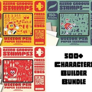 500+ Retro Character Builder Stamps – Faces, Eyes, Bodies | Cartoon Procreate Kit | Mascot Builder Stamps for Cute Designs & Printable