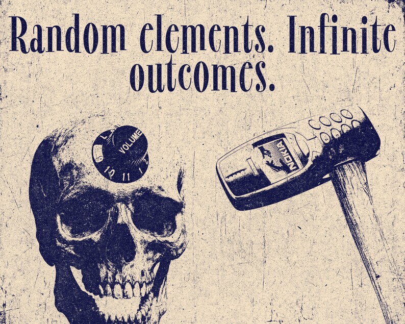 May include: A dark blue graphic print on a textured beige background featuring a human skull with a black volume knob on the forehead and a mobile phone attached to a hammer head. The text reads: Random elements. Infinite outcomes.