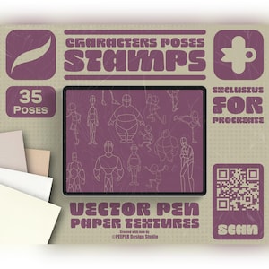 Peut inclure: Un écran de tablette numérique affiche 35 contours de poses de personnages en lignes blanches sur fond violet. Le texte environnant indique Characters Poses Stamps, 35 Poses, Exclusive for Procreate, Vector Pen Paper Textures et un QR code.