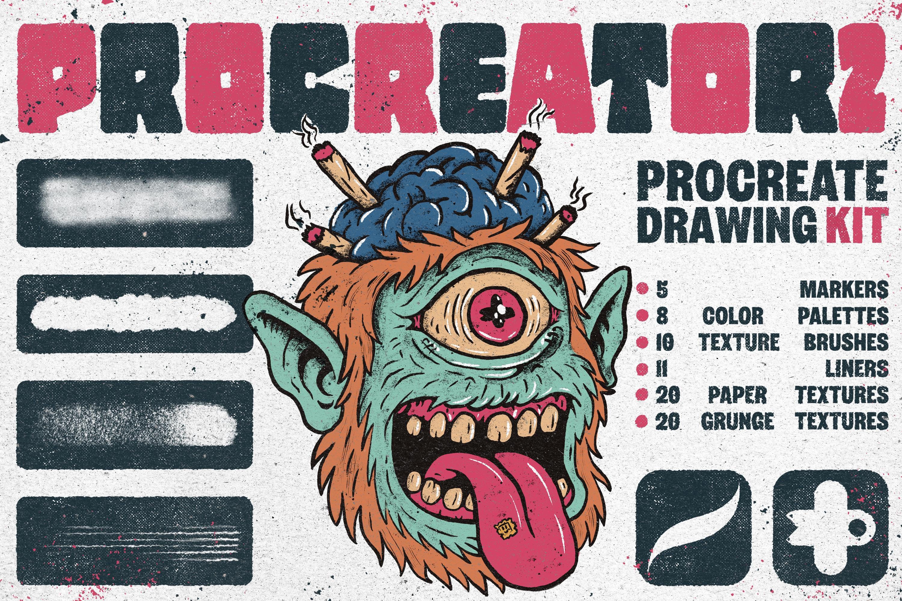 Procreator 2 Drawing Kit for Procreate — Professional Brushes, Liners, Grunge, Risograph & Paper Textures