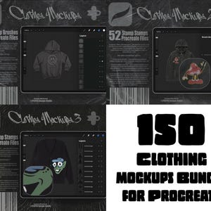 Puede incluir: Un paquete de arte digital con maquetas de ropa para Procreate. La imagen muestra múltiples pantallas de iPad que muestran varios diseños de ropa, incluyendo sudaderas con capucha y chaquetas. También es visible el texto "150 Clothing Mockups Bundle for Procreate".