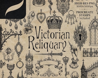 200+ Victorian Reliquary Procreate Stamps | Neo Traditional Fineline Tattoo Flash | Gothic Weapons & Hands Bundle