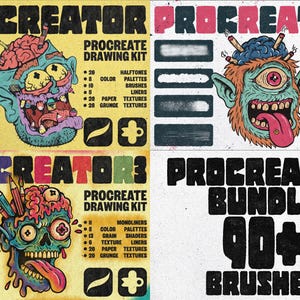 Procreator Brush Bundle for Procreate – All in One Brushset 90+ Bold Brushes, Halftone, Grunge, Paper Textures & Palettes