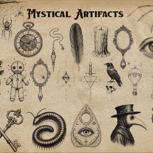 Puede incluir: Una colecci&oacute;n de ilustraciones en tinta negra sobre fondo beige titulada Mystical Artifacts, que incluye un reloj de bolsillo, p&eacute;ndulo, pluma, vela, espejos, ojo, mu&ntilde;eco vud&uacute;, rosa, daga, cuervo, calavera, globo aerost&aacute;tico, llaves, ciempi&eacute;s, planchette y m&eacute;dico de la peste.