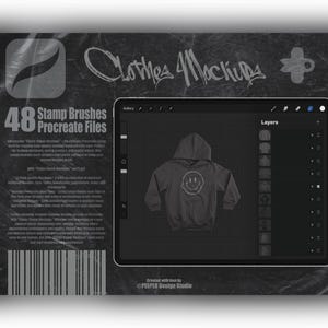 May include: A digital product display featuring 48 stamp brushes for Procreate, shown on a tablet screen. The interface displays a dark gray hoodie with a white smiley face graphic, alongside a layers panel and text reading Clothes Mockups.