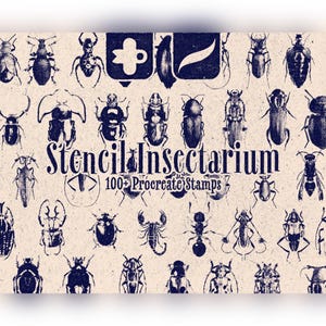Pode incluir: Uma coleção digital de ilustrações de insetos azul-escuro sobre um fundo bege claro. O texto diz StencilInsectarium 100+ Procreate Stamps. A imagem apresenta vários besouros, um escorpião e uma formiga, ao lado de dois ícones azul-escuro.