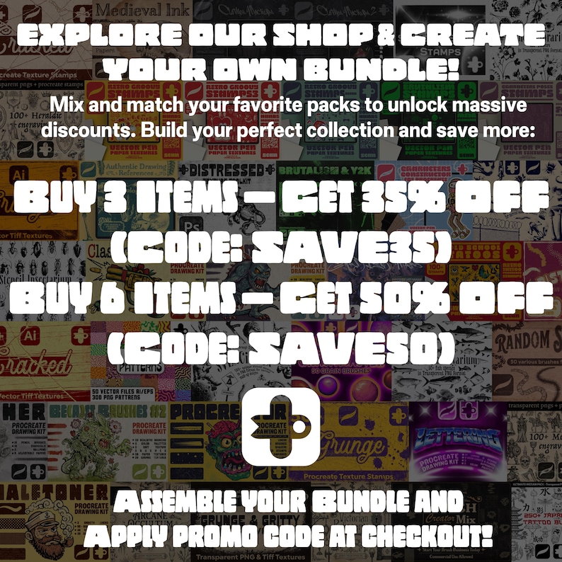 Puede incluir: Una pantalla gr&aacute;fica digital que presenta un collage de varios paquetes de activos de dise&ntilde;o. El texto dice: EXPLORE OUR SHOP & CREATE YOUR OWN BUNDLE! BUY 3 ITEMS - GET 35% OFF (CODE: SAVE35) BUY 6 ITEMS - GET 50% OFF (CODE: SAVE50) ASSEMBLE YOUR BUNDLE AND APPLY PROMO CODE AT CHECKOUT!