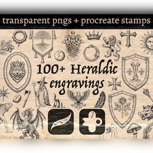100+ heraldiska gravyrer Procreate Pack – Medeltida vapensköldsbyggare, vintage vapensköldelement