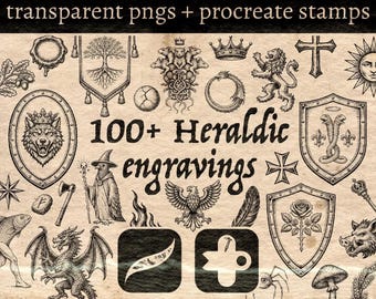 Pacchetto di oltre 100 incisioni araldiche per Procreate: creatore di stemmi medievali, elementi di stemma vintage.