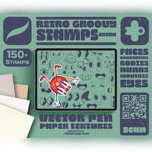 May include: A digital graphic set titled Retro Groovy Stamps Extra featuring 150+ stamps including faces, characters, bodies, hands, mouths, and eyes. The display shows a central tablet with a red cartoon character and a QR code for scanning.