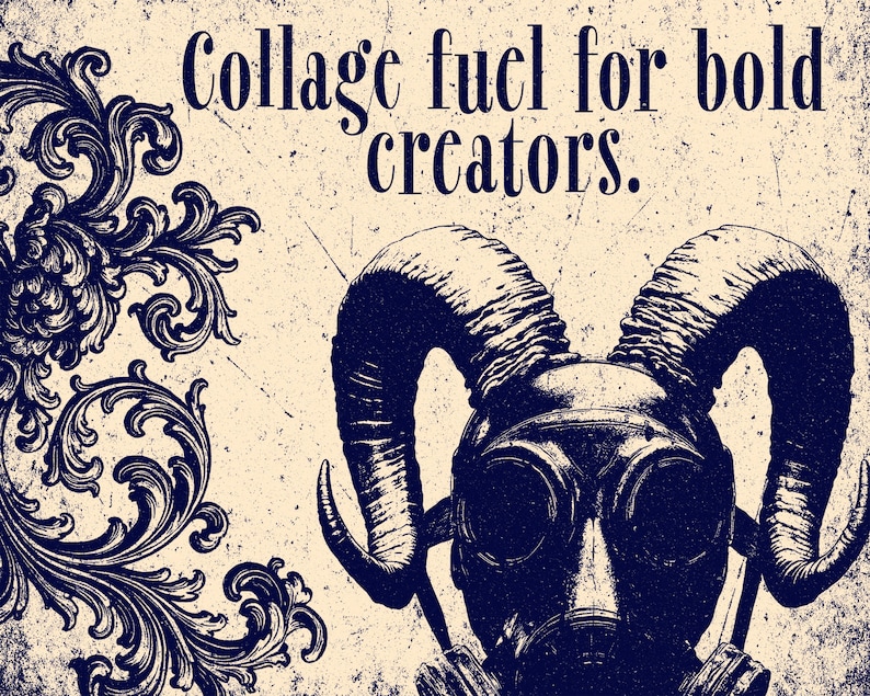 May include: A graphic print on a beige background featuring a dark blue gas mask with large ram horns. To the left is an ornate, swirling floral pattern. The text "Collage fuel for bold creators." is printed in dark blue at the top center.