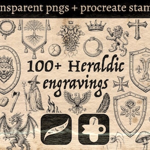 100+ Heraldic Engravings Procreate Pack – Medieval Coat of Arms Builder, Vintage Crest Elements