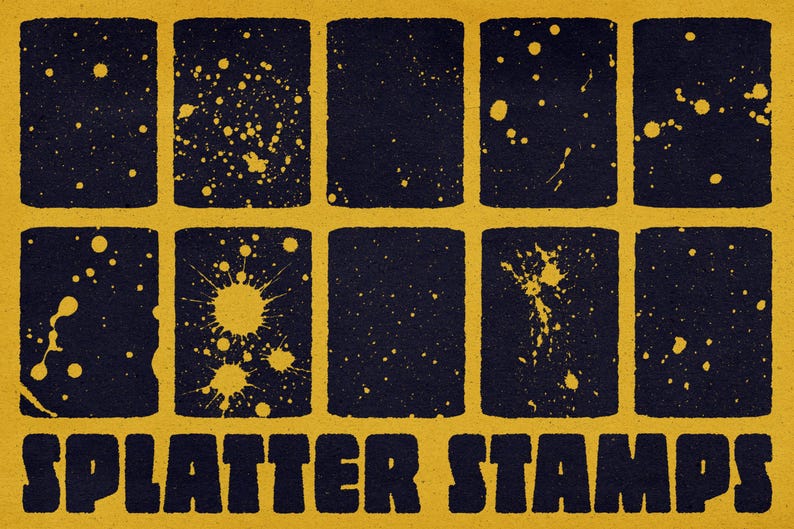 Puede incluir: Una colecci&oacute;n de diez sellos rectangulares dispuestos en dos filas, cada uno con un fondo azul marino oscuro y patrones &uacute;nicos de salpicaduras de pintura amarilla. El texto "SPLATTER STAMPS" aparece en letras grandes y oscuras.