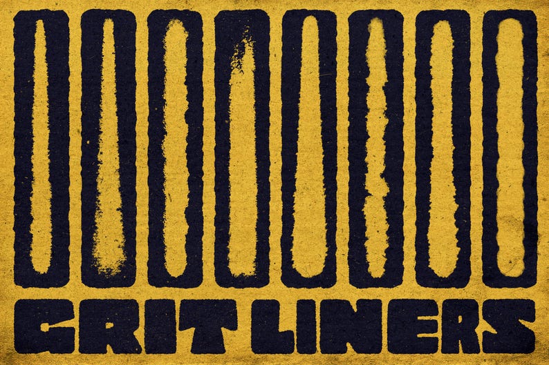Puede incluir: Un dise&ntilde;o gr&aacute;fico rectangular con un fondo amarillo vibrante de aspecto texturizado y desgastado. Ocho barras verticales de color azul marino oscuro con bordes rugosos e irregulares est&aacute;n dispuestas en fila. El texto GRIT LINERS aparece en azul.