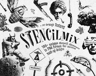 Grafica PNG stencil surreale – Flash tatuaggio, collage artistico (download digitale)