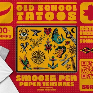 May include: A digital art set with a red and yellow color scheme, featuring the text "OLD SCHOOL TATTOOS" and "SMOOTH PEN PAPER TEXTURES." The set includes various tattoo stamp designs, such as an eye, a shark, and a snake.