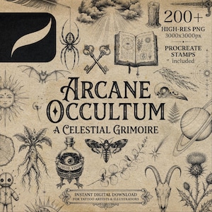 May include: A digital collection of black ink illustrations on a textured tan background featuring a spider, bat, open book, keys, moth, planet, skull, and plant motifs. Text reads Arcane Occultum A Celestial Grimoire and 200+ High-Res PNG.