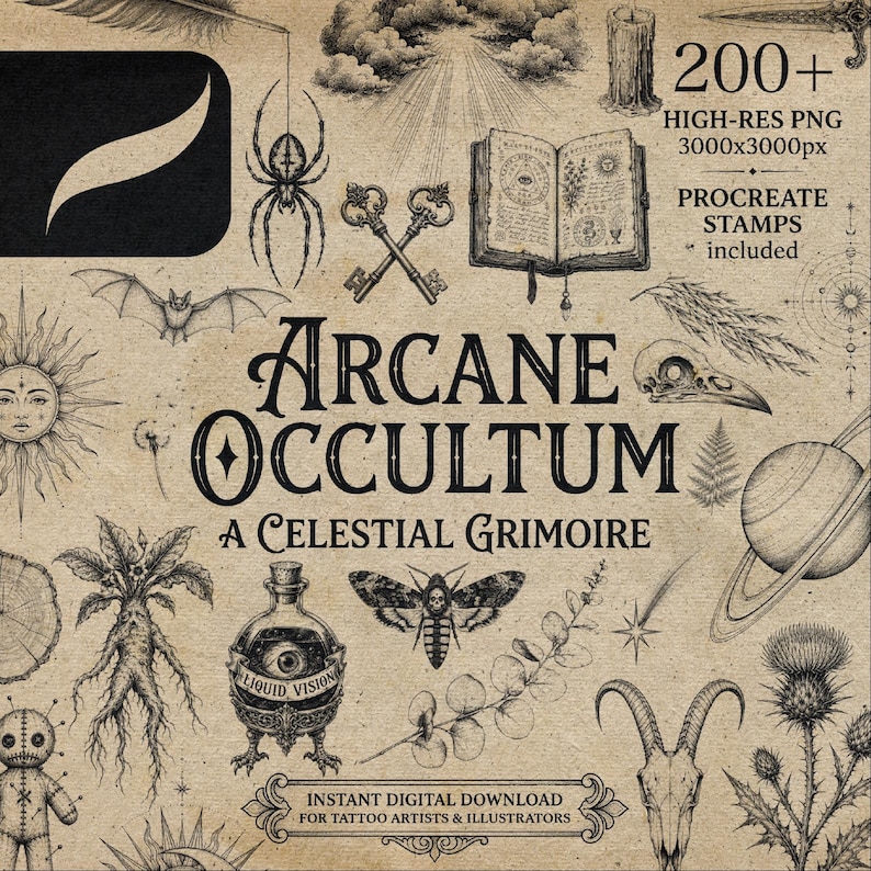 Puede incluir: Una colecci&oacute;n digital de ilustraciones en tinta negra sobre un fondo beige texturizado con motivos de ara&ntilde;a, murci&eacute;lago, libro abierto, llaves, polilla, planeta, cr&aacute;neo y plantas. El texto dice Arcane Occultum A Celestial Grimoire.