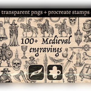 Puede incluir: Una colección digital de más de 100 grabados medievales con ilustraciones en tinta negra de caballeros a caballo, una bruja, un médico de la peste, calaveras, armas y varios artefactos sobre un fondo texturizado con iconos de sellos Procreate.