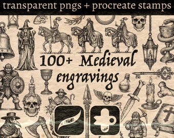 Pacchetto di oltre 100 incisioni medievali in formato PNG / Alchimia, scheletri, cavalieri, armi / Clipart gotiche vintage / Timbri per Procreate