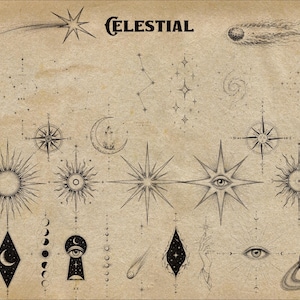 Puede incluir: Una colecci&oacute;n de ilustraciones en tinta negra sobre un fondo de pergamino color canela con la palabra CELESTIAL en la parte superior. Los dise&ntilde;os incluyen estrellas, soles, lunas, planetas, cometas, br&uacute;julas, ojos y formas geom&eacute;tricas.