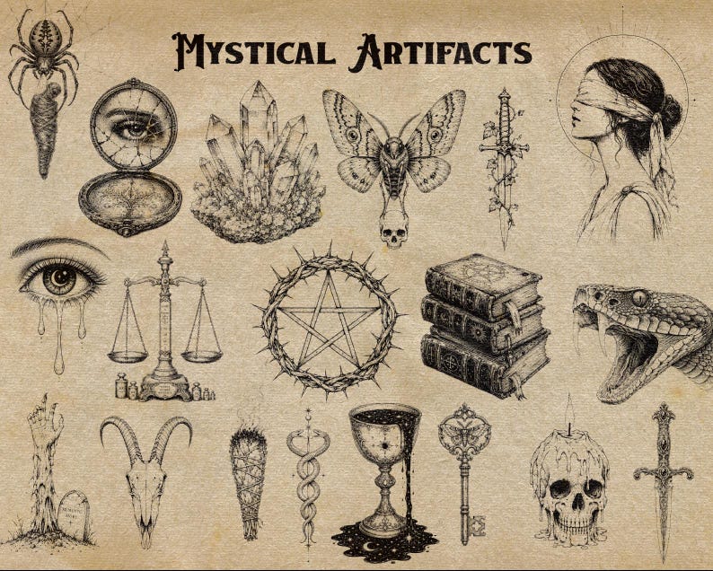 Puede incluir: Una colecci&oacute;n de ilustraciones en tinta negra sobre papel envejecido titulada MYSTICAL ARTIFACTS, que incluye una ara&ntilde;a, un ojo en un espejo, cristales, una polilla con calavera, espada, persona vendada, balanza, pentagrama, libros, serpiente, mano, cr&aacute;neo de cabra, salvia, caduceo, c&aacute;liz, llave, calavera y daga.