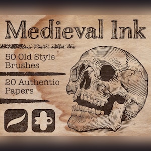 Peut inclure: Un graphique numérique sur papier beige texturé avec le texte Medieval Ink, 50 Old Style Brushes et 20 Authentic Papers. Une illustration détaillée au trait noir d'un crâne humain est à droite, avec deux petites icônes en bas à gauche.