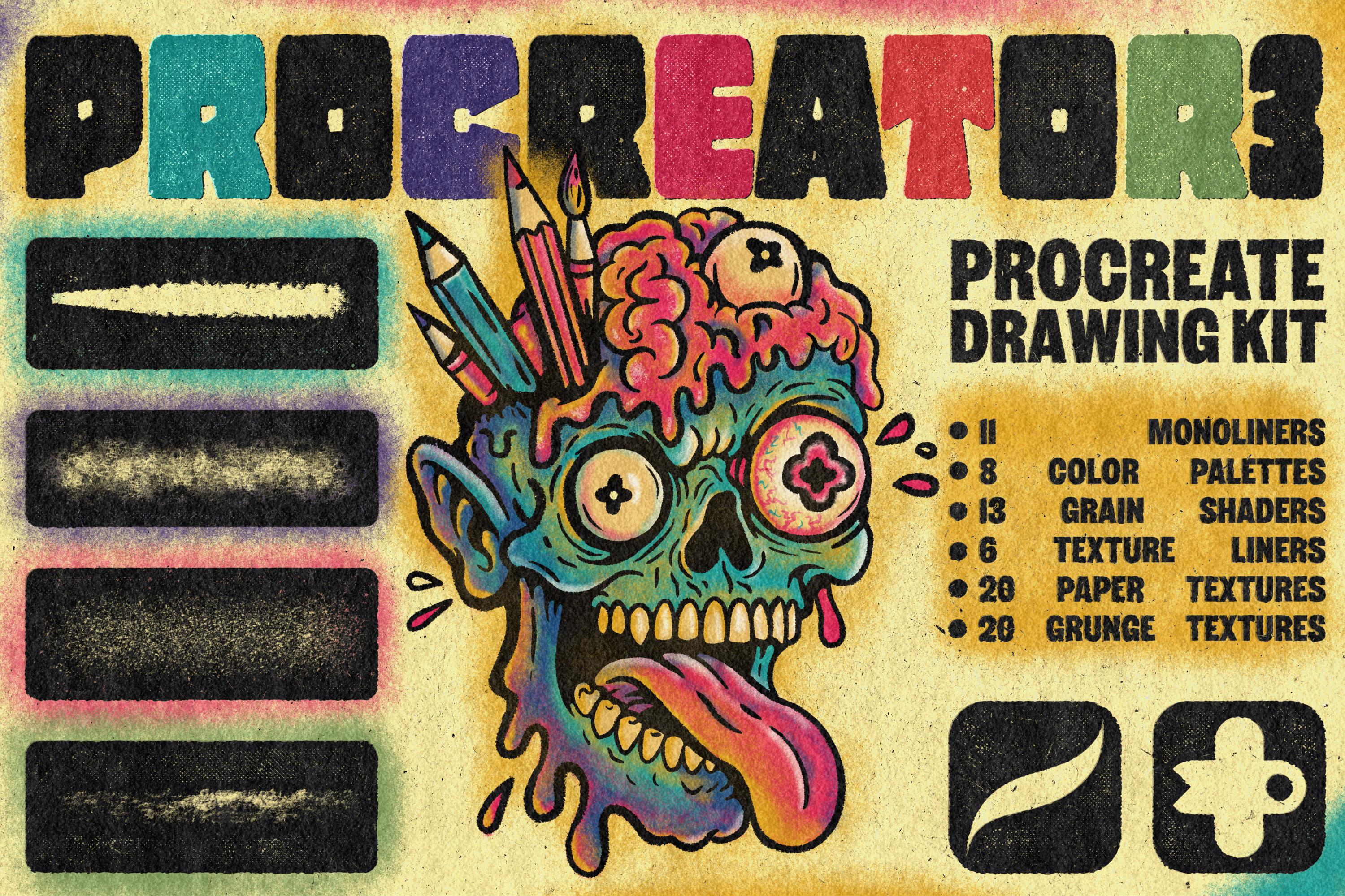 Procreator 3 – Kit de dibujo para Procreate con pinceles monoline, shaders de grano, texturas grunge y de papel, paletas de color