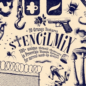 May include: A digital art graphic featuring various dark blue stencil elements, including a heart, spider, gun, and barbed wire, with the text "STENCILMIX" and "100+ unique stencil elements". The background is a light beige color.