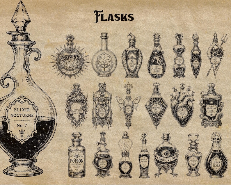 Puede incluir: Una colecci&oacute;n de ilustraciones en tinta negra y blanca de varios frascos y botellas de vidrio sobre un fondo color canela. El frasco m&aacute;s grande a la izquierda est&aacute; etiquetado como Elixir Nocturne No. 7. Otras botellas presentan dise&ntilde;os complejos.
