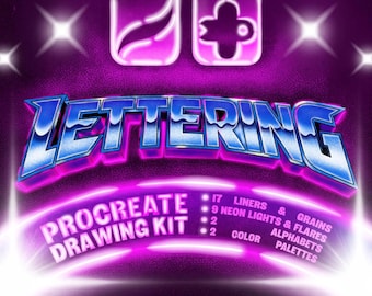 Kit di pennelli per lettering per Procreate: pennelli neon, pennelli effetto grana, pennelli a tratto fine, alfabeto 3D e tavolozze di colori.