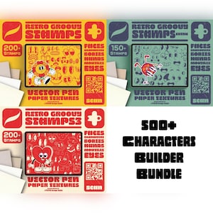 Könnte beinhalten: Ein digitales Asset-Paket mit Retro Groovy Stamps, Vector Pen und Papiertexturen. Die Grafiken zeigen Cartoon-Gesichter, Körper, Hände, Münder und Augen in Gelb, Grün und Rot mit QR-Codes und dem Text 500+ Characters Builder Bundle.
