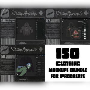 May include: A digital bundle of 150 clothing mockups for Procreate, featuring three distinct sets labeled Clothes 4 Mockups, Clothes 4 Mockups 2, and Clothes 4 Mockups 3. Each set displays tablet screens showing stamp brushes, layers, and garment designs.