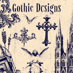 May include: A collection of dark blue illustrations on a light beige background featuring the text Gothic Designs, a knight's helmet with two arrows, a flying bat, an ornate cross, a decorative flourish, and a tall cathedral with spires.
