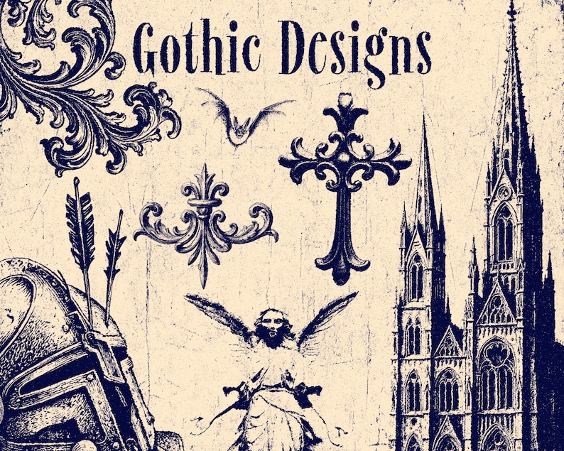 May include: A collection of dark blue illustrations on a light beige background featuring the text Gothic Designs, a knight's helmet with two arrows, a flying bat, an ornate cross, a decorative flourish, and a tall cathedral with spires.
