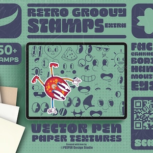 150+ Retro faces & characters groovy stamp brush set | Procreate stamps |  Retro Cartoon Characters Procreate Stamps 2 | Mascot Logo Maker
