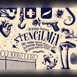 Può includere: Una collezione grafica digitale intitolata STENCILMIX con illustrazioni blu scuro su sfondo beige chiaro. Gli elementi includono un cuore umano, una pistola con una rosa, un bombo, un ragno, filo spinato, funghi e uno scheletro.