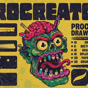 Puede incluir: Gráfico amarillo de Procreate Drawing Kit con una ilustración de cabeza de zombi. La cabeza tiene un cerebro rosa, piel verde y una lengua llena de lápices. El texto incluye "PROCREATOR" y una lista de herramientas de dibujo.