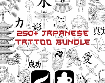 Más de 250 sellos de tatuajes japoneses para Procreate / Set de pinceles Irezumi Flash y PNG / Caligrafía Yokai, Dragon y Kanji