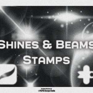 May include: Black and white graphic design with the text "SHINES & BEAMS STAMPS" with a white feather and a white plus sign in the background.