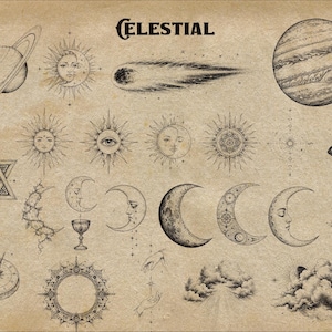 Puede incluir: Una colecci&oacute;n de ilustraciones en tinta negra sobre un fondo de pergamino color canela con la palabra CELESTIAL. El conjunto incluye planetas, un cometa, soles con rostros, lunas, una estrella de David, un telescopio, una br&uacute;jula y nubes.