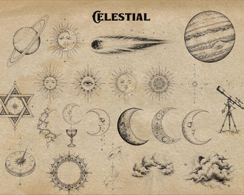Puede incluir: Una colecci&oacute;n de ilustraciones en tinta negra sobre un fondo de pergamino color canela con la palabra CELESTIAL. El conjunto incluye planetas, un cometa, soles con rostros, lunas, una estrella de David, un telescopio, una br&uacute;jula y nubes.