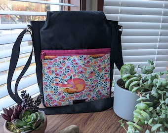 Fox Field Tula Pink Coneflower Crossbody Bag black with nickel hardware with two main compartments and two zipper pockets