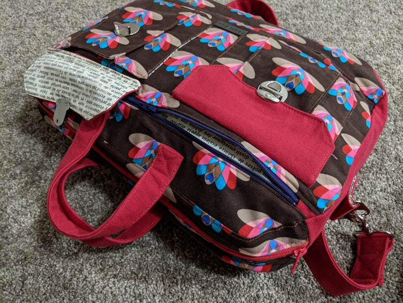 structured laptop style messenger bag satchel bag in pinwale corduroy and red denim Peacock Flower Ravenwood Bag