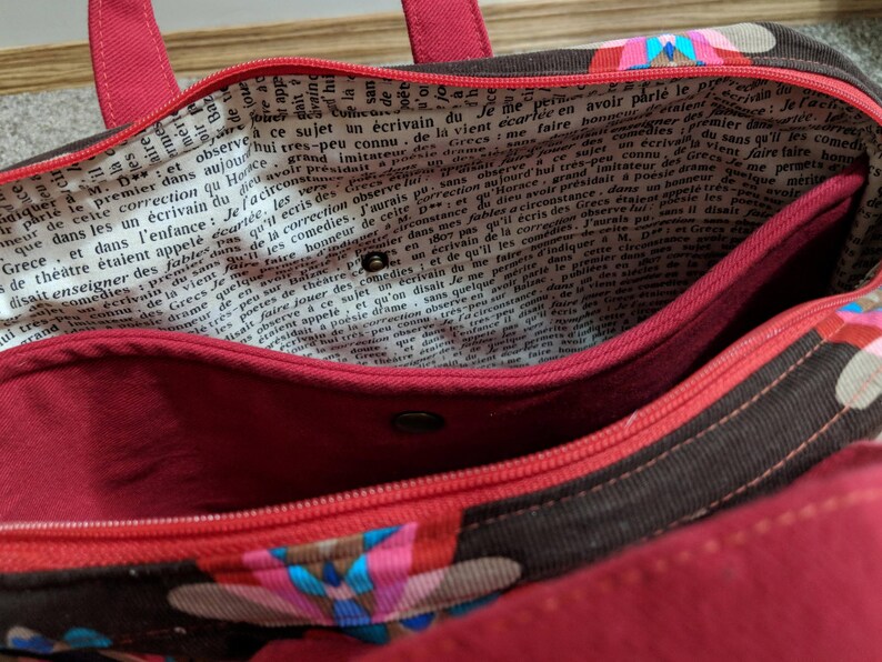 structured laptop style messenger bag satchel bag in pinwale corduroy and red denim Peacock Flower Ravenwood Bag