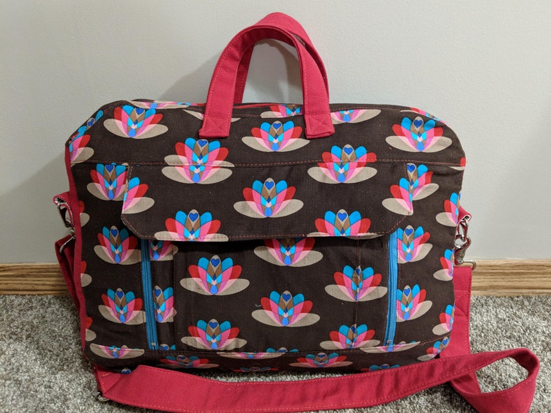 structured laptop style messenger bag satchel bag in pinwale corduroy and red denim Peacock Flower Ravenwood Bag