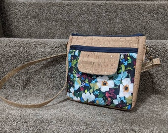 Painted Flowers, multicolor floral Flair Crossbody Bag with antique brass hardware and cork with gold flecks, unique purse, colorful handbag